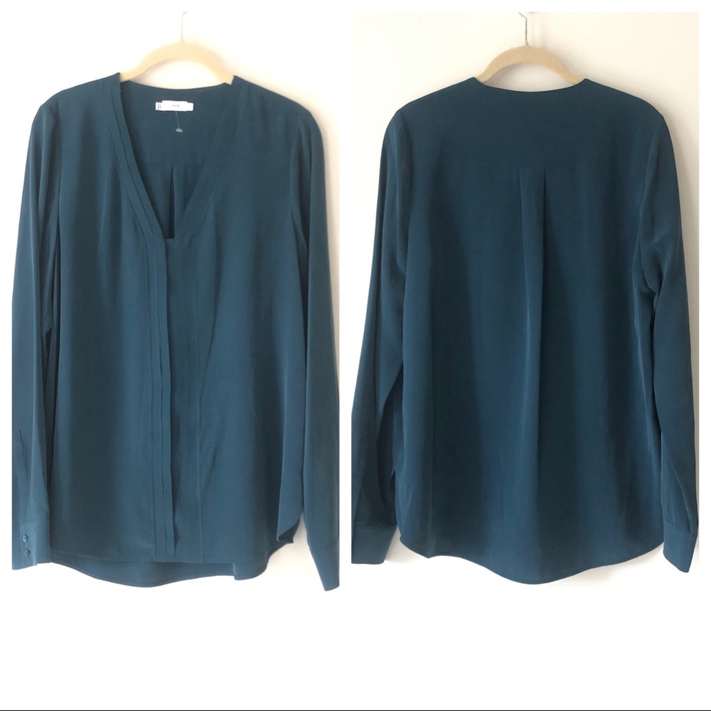 Vince 100% Silk Teal Picot-Edge V-Neck NWOT M - Picture 5 of 6